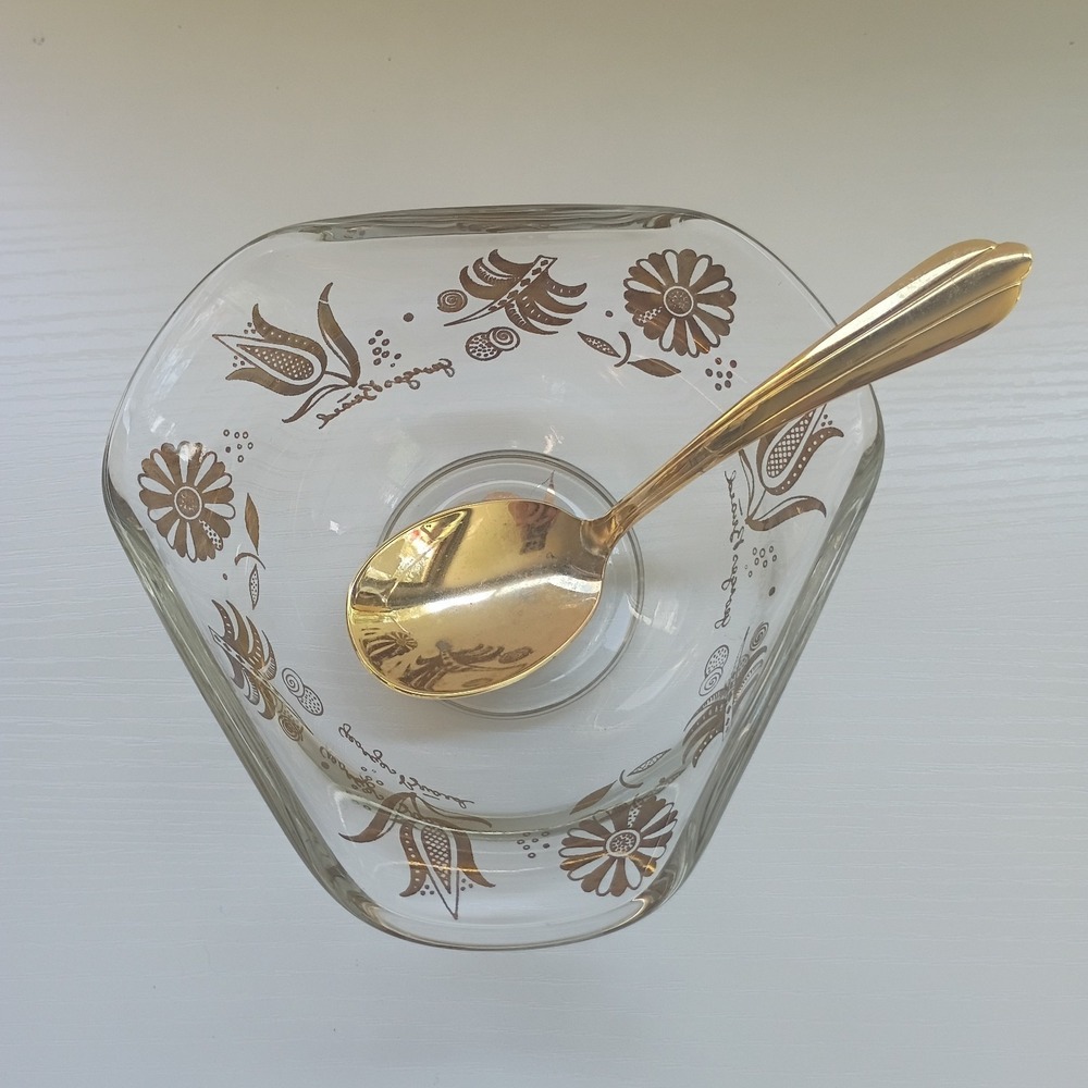 MCM Georges Briard Gold Floral Glass Bowl Jacobean Flowers W/ Gold Spoon - Picture 3 of 16